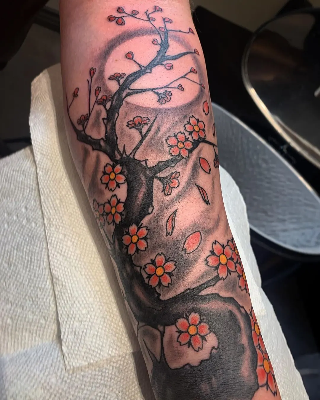Arms cherry blossom tree tattoo